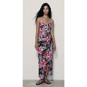 Zara Tropical Floral Print Corset Style Maxi / Midi Dress Side Slit Size Medium